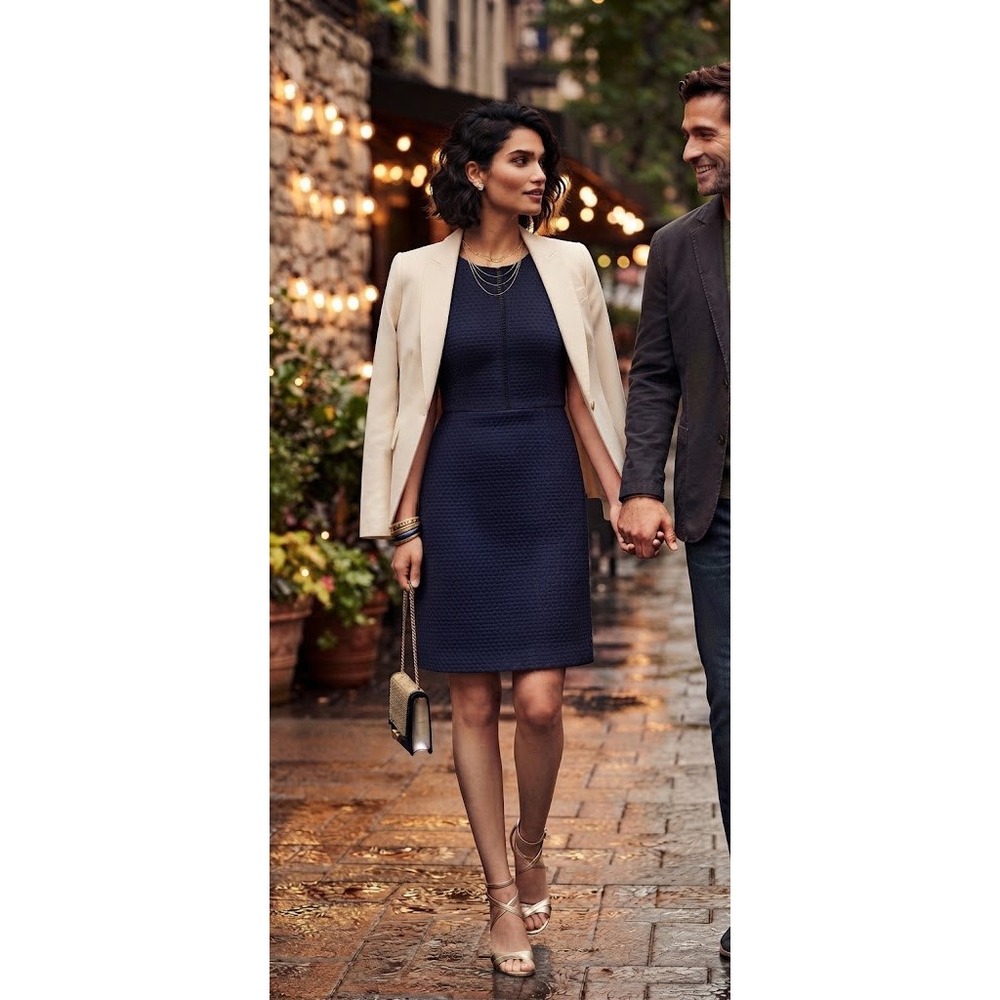 J.Crew Navy Blue Matelasse Sheath Dress Ladder Stitch Detail Size 2